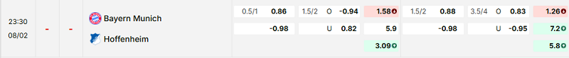 Bảng kèo mới nhất trận Bayern Munich vs Hoffenheim